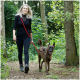 Eine Person in schwarzer Kleidung führt einen glücklichen, gestromten Hund an einer roten Leine durch einen üppigen, grünen Waldweg.