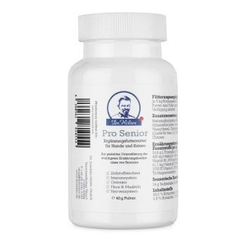 Weißer Behälter mit dem diätetischen Ergänzungsmittel "Pro Senior" für Hunde und Katzen, 40g Pulver, mit Nährwertangaben und Anwendungshinweisen in Deutsch.