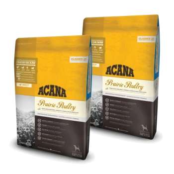 Zwei Tüten ACANA Prairie Poultry Hundefutter, mit Freilandhühnchen, Truthahn und ganzen Nest-Eiern, mit Nährwertangaben an der Seite.