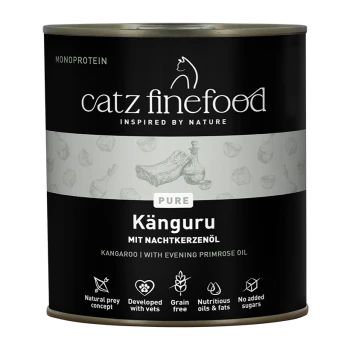 Catz Finefood Pure Kangaroo Katzenfutterdose mit Nachtkerzenöl, getreidefrei, ohne Zuckerzusatz, entwickelt mit Tierärzten.