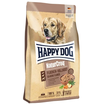 Hundefuttertüte mit einem Golden Retriever, beschriftet mit "Happy Dog NaturCroq Classic Flakes," für empfindliche Hunde.