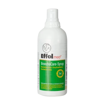 Effolmed BronchoCare-Sirupflasche, weiß mit grünem Etikett, für Pferde zur Unterstützung der Atemwegsgesundheit.