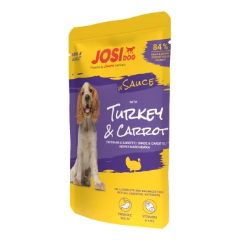 JosiDog Mini Adult Hundefutterbeutel mit Pute und Karotte in Sauce, 84 % Fleisch, präbiotische Inulin, Vitamine E und D3.