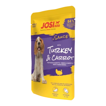 JosiDog Mini Adult Hundefutterbeutel mit Pute und Karotte in Sauce, 84 % Fleisch, präbiotische Inulin, Vitamine E und D3.