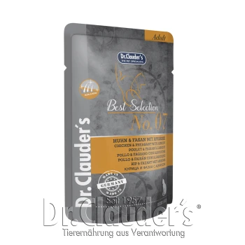 Dr. Clauder's Best Selection No. 07 Tiernahrung Verpackung, mit Huhn und Fasan mit Aprikose, hergestellt in Deutschland.