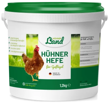 Behälter mit "Hühner Hefe für Geflügel" mit einer Illustration einer braunen Henne, 1,2 kg, hergestellt in Deutschland.