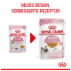 Vergleich der Verpackung von Royal Canin Kittenfutter, mit neuem Design und verbesserter Rezeptur, geeignet für Kätzchen bis zu 12 Monaten.