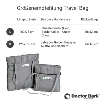 Reisebeutel für Haustiere von Doctor Bark, erhältlich in zwei Größen: L (100x75 cm) für kleine Rassen und XL (125x105 cm) für größere Rassen.