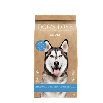 Braune Papiertüte mit DOG'S LOVE Hundefutter für Erwachsene, die ein Lachs-Etikett zeigt, mit Text auf Deutsch, der auf hochwertiges Trockenfutter hinweist.