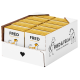Eine Ausstellungsbox mit mehreren Paketen Hundefutter, die mit "FRED" und "FRED & FELIA" beschriftet sind, mit Illustrationen eines Hundes und einer Katze.