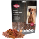 Trixie Premio 4 Meat Minis Snack Pack mit verschiedenen Fleischleckereien, die vor der Verpackung präsentiert werden, mit glutenfreien und 0% Zusatzstoffen Etiketten.