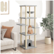 Stylischer Katzenbaum mit mehreren Ebenen und einem gemütlichen Versteck, mit einer flauschigen orangefarbenen Katze, die auf einer der Plattformen sitzt.