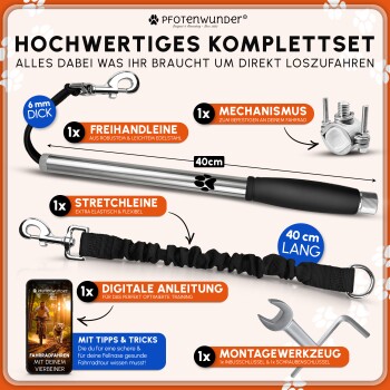 Pfotenwunder Hunde-Fahrradleinen-Set mit 40 cm Carbongriff, Dehnleine, Befestigungsmechanismus, digitalem Leitfaden und Werkzeugen.