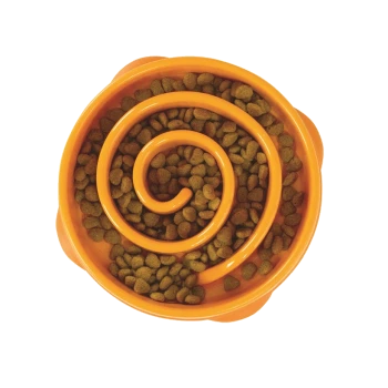 Eine orange spiralförmige Haustierfutterschüssel, gefüllt mit trockenem Futter, von oben betrachtet.