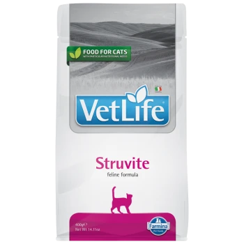 VetLife Struvite Katzenfutterformel, 400g Packung, mit einem grünen Etikett, das 'Futter für Katzen mit besonderen Ernährungsbedürfnissen' angibt.