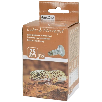 Basking spot lamp packaging featuring a leopard gecko on a rock, labeled "AniOne Licht- & Wärmespot 25 W E27."