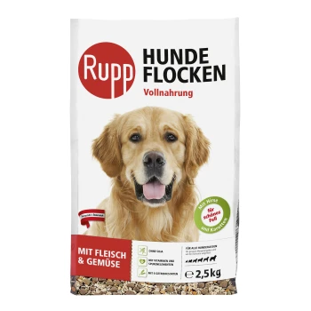 Rupp Hunde Flocken Hundefutterbeutel, 2,5 kg, mit einem Golden Retriever, mit Text, der Zutaten wie Fleisch, Gemüse und Vitamine hervorhebt.