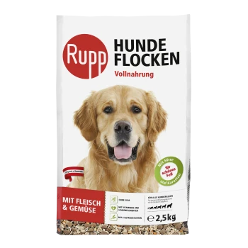 Rupp Hunde Flocken Hundefutterbeutel, 2,5 kg, mit einem Golden Retriever, mit Text, der Zutaten wie Fleisch, Gemüse und Vitamine hervorhebt.