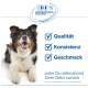 Fröhlicher dreifarbiger Hund links; '100% Zufriedenheits-Garantie'; Checkliste: Qualität, Konsistenz, Geschmack; Geld zurück.