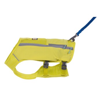 Helle gelbe Hundegeschirr mit Mesh-Seiten, verstellbaren Riemen und einer Leinenbefestigung, entworfen für Komfort und Sicherheit.