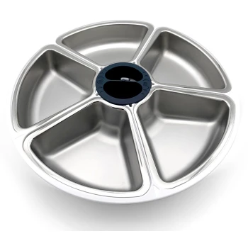 Edelstahl-Haustierfutterschüssel mit fünf Fächern und einem zentralen Abschnitt für einfaches Servieren und Portionskontrolle.