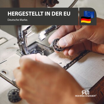 Hände fädeln eine Nähmaschinen-Spule mit einer Nähmaschine im Hintergrund. Text: "HERGESTELLT IN DER EU" und "Deutsche Marke."