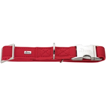 Rotes, gepolstertes Hundehalsband mit silberner Metallschnalle, D-Ring sowie "HUNTER"-Logo auf der Schnalle und kleinem Anhänger.
