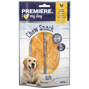 Kau-Snack Rippe für Hunde, mit zwei Hühnergeschmack-Kau-Leckereien, mit einem Golden Retriever auf der Verpackung.