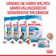 Royal Canin Welpenfutterbeutel, beschriftet mit Mini, Medium, Maxi und Giant, mit Bildern von Welpen, plus eine Dose Starterfutter, Text auf Deutsch.