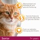 Nahaufnahme einer älteren orangefarbenen Katze mit grünen Augen, mit Text über gesunde Verdauung, Gelenkunterstützung und Herzgesundheit.