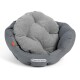 Ein gemütliches, rundes Haustierbett aus grauem Stoff mit einem plüschigen, weichen Innenraum, mit dem Logo "Doctor Bark" auf der Vorderseite.