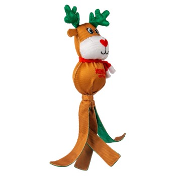Brown reindeer dog toy with green antlers, red scarf, and long legs, featuring embroidered text "KONG Holiday."
