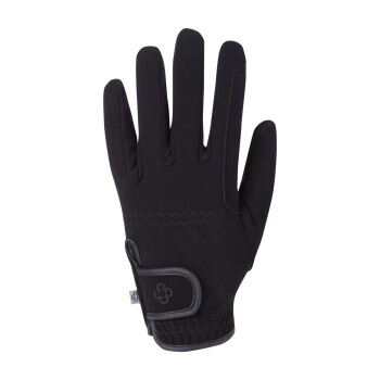 Schwarze Haustierpflegehandschuh mit strukturiertem Griff und verstellbarem Handgelenkband, das ein schlankes Design und eine bequeme Passform zeigt.