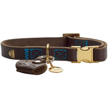 Braunes Lederhalsband für Hunde mit blauer Naht, goldener Schnalle und angehängtem Anhänger.