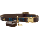 Braunes Lederhalsband für Hunde mit blauer Naht, goldener Schnalle und angehängtem Anhänger.