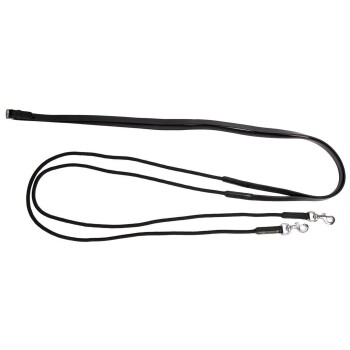 Schwarze doppelte Hundeleine mit zwei Clips, entworfen für das gleichzeitige Gassigehen mit zwei Hunden.