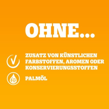 Oranger Hintergrund mit fettem weißen Text: "OHNE... ZUSATZ VON KÜNSTLICHEN FARBSTOFFEN, AROMEN, KONSERVIERUNGSSTOFFEN, PALMÖL" und Häkchen-Symbolen.