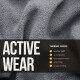 Grauer Thermofleece-Stoff mit dem Text 'ACTIVE WEAR' und aufgelisteten Eigenschaften: weicher Griff, atmungsaktiv, wärmespeichernd, pillenfrei, langlebig.