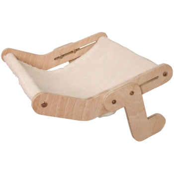 Hängematte aus Holz für Haustiere mit beigem Stofftuch und verstellbaren Seitenstützen, für kleine Haustiere konzipiert.