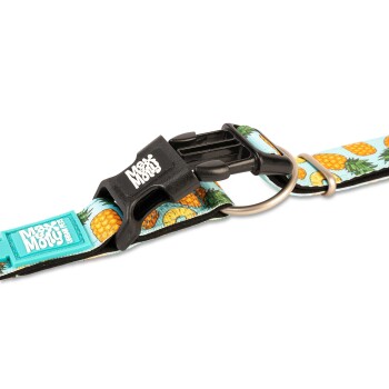 Blaues Haustierhalsband mit Ananas-Motiv, schwarzer Kunststoffschnalle mit der Aufschrift „Max & Molly“ und Metall-D-Ring.