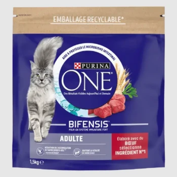 Emballage de nourriture pour chats Purina ONE Bifensis mettant en vedette un chat gris, avec un texte soulignant les avantages pour la santé intestinale et la nutrition des adultes.