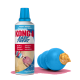 KONG Easy Treat Puppy Rezept-Quetschtube neben einem blauen KONG-Spielzeug, gefüllt mit einer erdnussbutterfarbenen Leckerei.