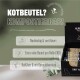 Präsentationsbox mit kompostierbaren Hundekotbeuteln mit Text: "Nachhaltig & zertifiziert," "30 Beutel pro Rolle," und "Reißfest & Geruchsbarriere."