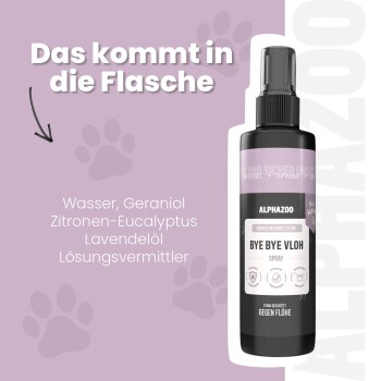 Eine Sprühflasche mit der Aufschrift "ALPHAZOO Force Bye Bye Vloh" mit einer Illustration von Hund und Katze, die ihre haustierfreundlichen Inhaltsstoffe und Wirkungen betont.