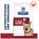 Hill's Prescription Diet i/d Hundefutterbeutel mit einem lächelnden Hund und dem Text "UNTERSTÜTZUNG DER VERDAUUNG" auf der linken Seite.