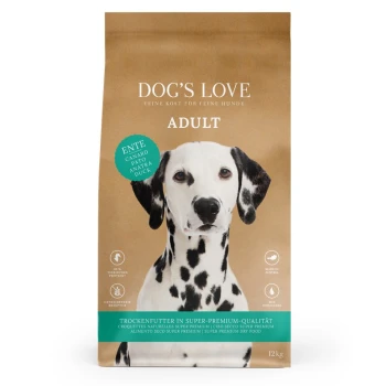 Die Verpackung von Dog's Love Adult Hundefutter zeigt einen braunen Hintergrund, mit einem grünen Etikett, das "Ente" (Ente) und "12 kg" Gewicht angibt.