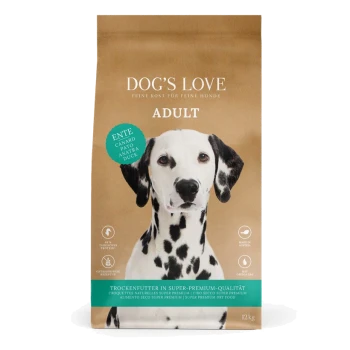 Die Verpackung von Dog's Love Adult Hundefutter zeigt einen braunen Hintergrund, mit einem grünen Etikett, das "Ente" (Ente) und "12 kg" Gewicht angibt.