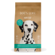 Emballage de nourriture pour chiens adultes Dog's Love avec un fond brun, portant une étiquette verte indiquant "Ente" (canard) et un poids de "12 kg".