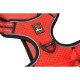Red dog harness with black trim and reflective straps, featuring a "Dog Creek Outdoor Gear" logo and a metal leash attachment.