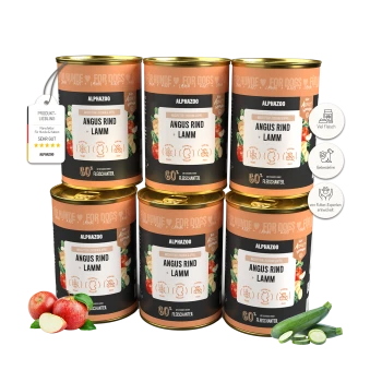 Sechs Dosen Alphazoo Angus Rind- und Lamm-Hundefutter mit Äpfeln und Zucchini, gekennzeichnet als getreidefrei und mit hohem Fleischanteil.